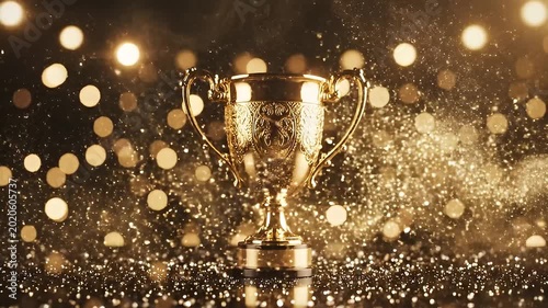 Triumphant Gold Trophy Reveal with Sparkling Particles and Bokeh