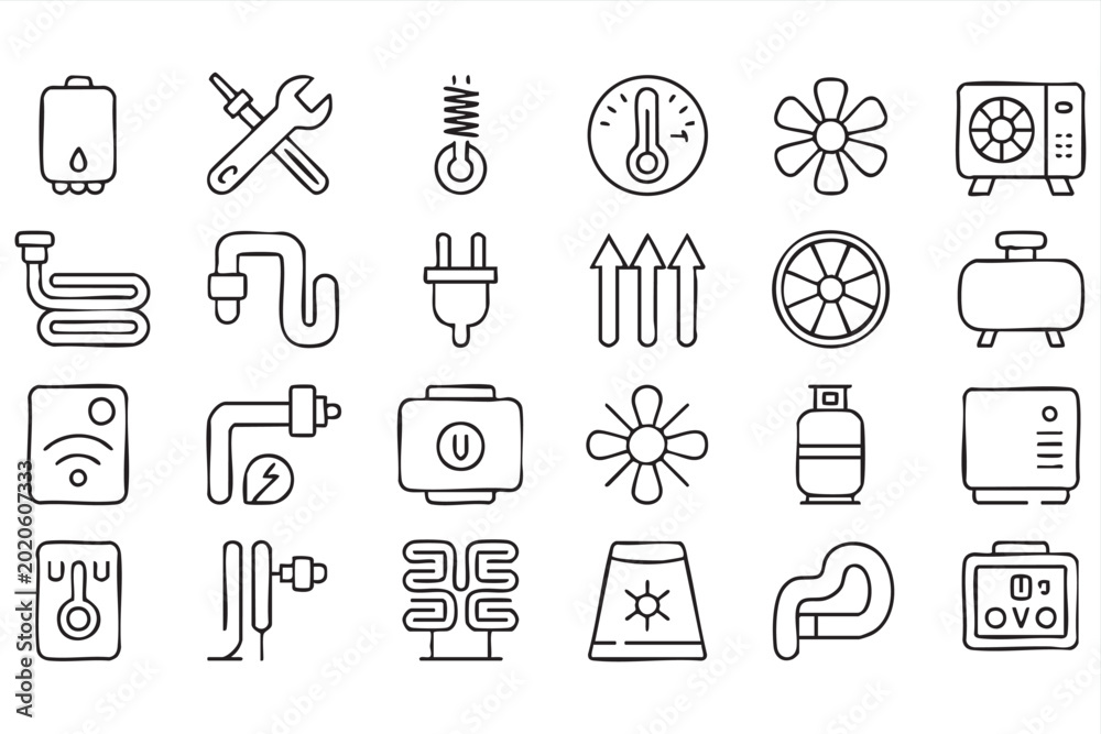 Naklejka premium Climate Control Icon Pack With HVAC Equipment, Repair Tools and Airflow Elements