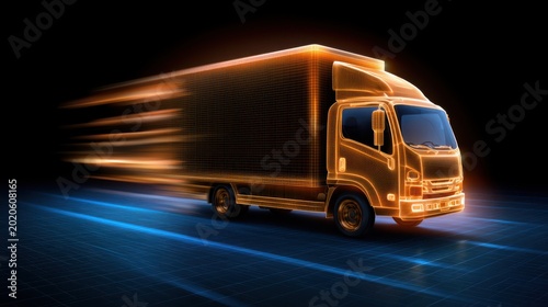 A futuristic digital rendering of a glowing truck speeding across a grid-like digital landscape at high velocity.