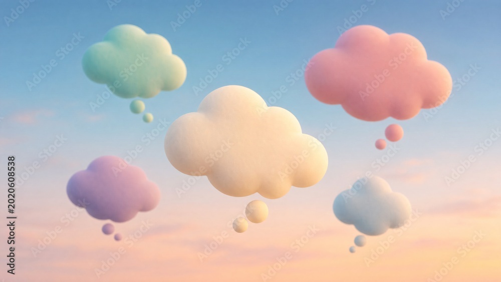 Fototapeta premium Abstract thought bubbles floating against a gradient sky, representing ideas and creativity.
