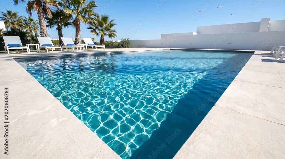 Fototapeta premium Modern swimming pool with lounge chairs at a sunny luxury villa resort