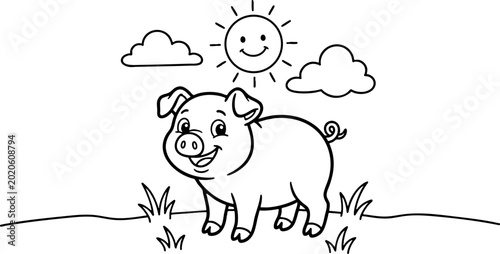 Cute cartoon pig coloring page for kids with sun and clouds