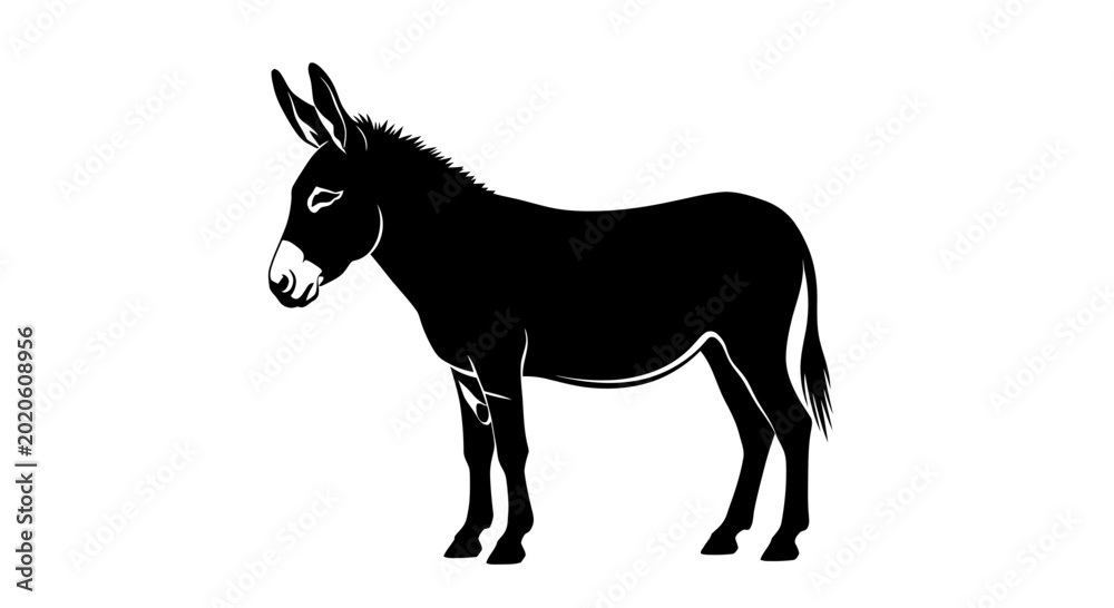 Fototapeta premium Black Donkey Silhouette Standing Side View on White Background