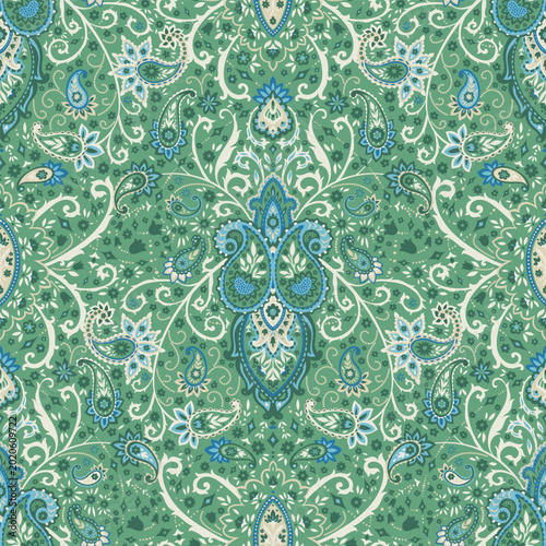 Green Ornate Paisley Floral Damask Design