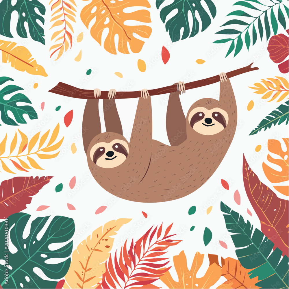 Obraz premium Two Sloths Hanging on a Branch Surrounded by Tropical Leaves