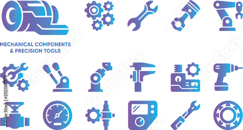 Slika na platnu Mechanical components and precision tools icons including gears wrenches and machinery parts