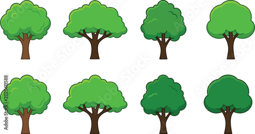 Foto Vector illustration collection of eight cartoon trees with rounded green canopie