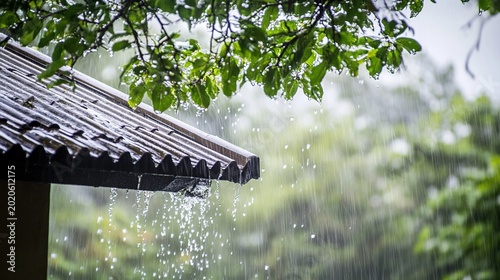 hailstones. Heavy rain and hailstones hitting corrugated metal roof during storm. ESG reports, sustainability campaigns, designed for sustainability communications and ESG reporting.