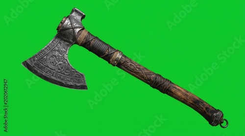An ornate ancient Viking battle axe with intricate Norse carvings isolated on a solid green screen.