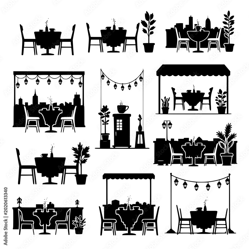 Fototapeta premium Restaurant and Cafe Silhouette Scenes for Dining and Coffee