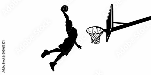 Fotografie basketball player silhouette dunking towards the hoop on white background