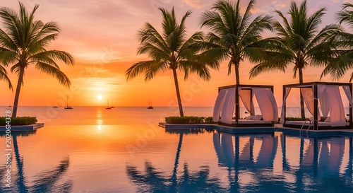 Tropical resort pool at sunset paradise.