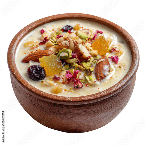 Bowl of creamy porridge with nuts fruits and seeds isolated