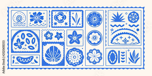 blue floral and botanical stamp collection decorative vector illustration