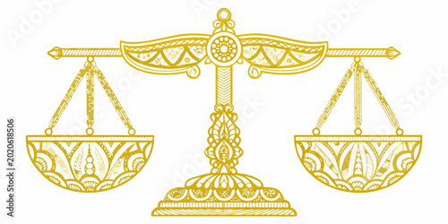 ornate balance scale decorative golden illustration on white background
