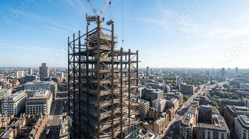 Aerial view of a skyscraper under construction in london, featuring a steel frame structure and a crane lifting materials against a blue sky