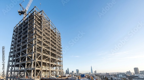 Steel frame construction of a highrise building in london with a tower crane against a clear blue sky
