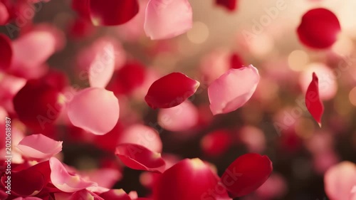Abstract panoramic background featuring soft pink and deep red rose petals gently swaying in a dreamy and elegant breeze