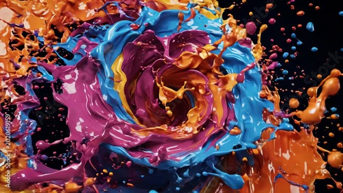 Abstract motion of a colorful paint whirlwind spiraling in a tilted perspective with vibrant swirls against a deep dark backdrop