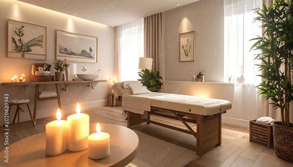 Fototapeta premium Serene Spa Interior with Candles and Plants.