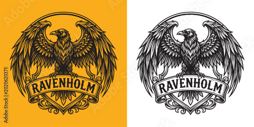 Schilderij op canvas Ravenholm Gothic Raven Shield Emblem with Ornamental Wings and Banner