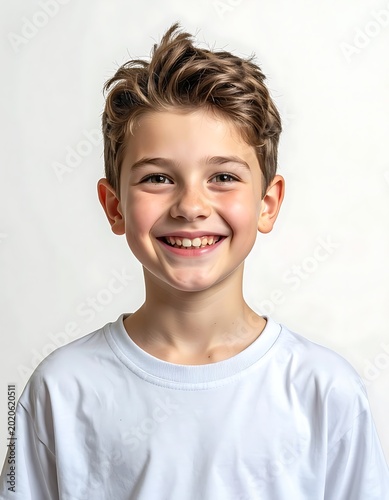 Smiling young boy in white shirt.
