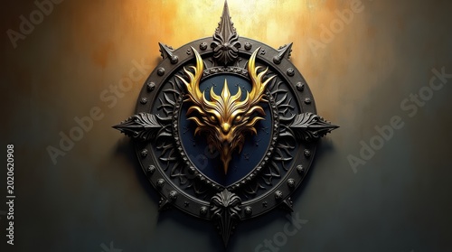Metallic golden dragon emblem with sharp decorative spikes in a circular shield design for fantasy gaming and mystical warrior heraldry art