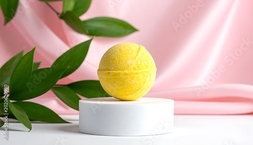 Yellow bath bomb on white pedestal.