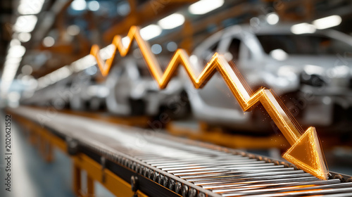 Automotive Industry Downturn: Visualizing the economic impact on the automotive industry, a downward trend line overlays a car assembly line, symbolizing market decline and challenges.