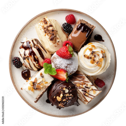 Assortment of dessert slices on plate isolated transparent background