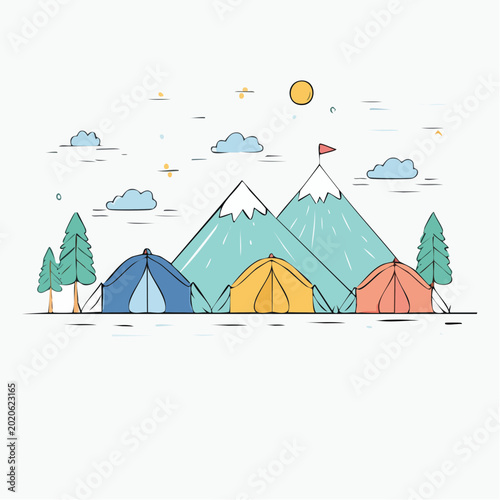 colorful hand-drawn illustration of camping scene with tents and mount