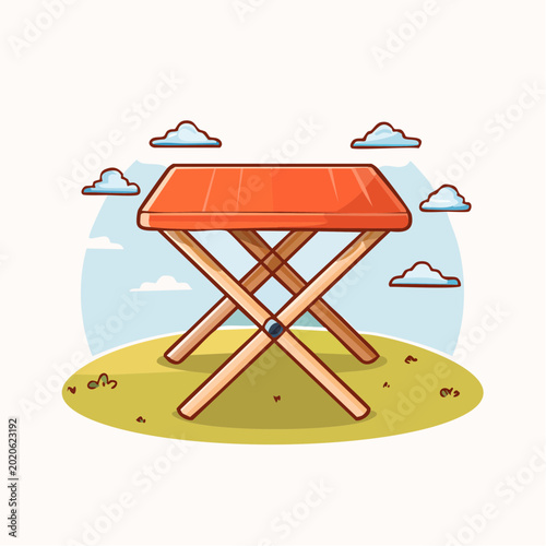 Colorful cartoon illustration of orange folding picnic table on grass 