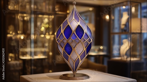 Elegant blue and gold decorative lamp in a luxurious display with soft lighting and rich textures, showcasing fine craftsmanship