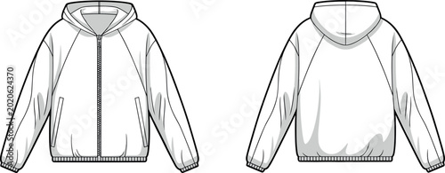 Technical flat sketch of a zip-up hoodie windbreaker jacket vector illustration with raglan sleeves and front pockets views for apparel design tech packs.