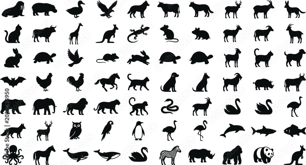 Εκτύπωση καμβά Mega animal silhouettes collection featuring wild mammals birds marine sea life