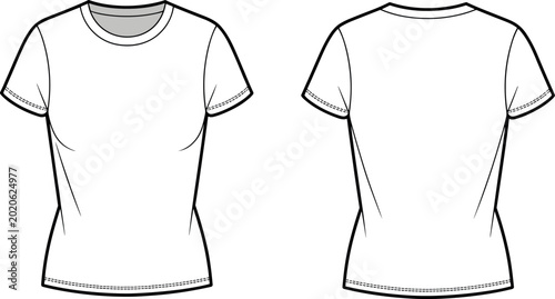 Technical flat sketch of fitted short sleeve t-shirt with round neck, front and back views minimalist apparel clothing design template