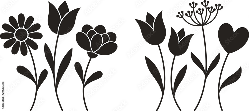 Εκτύπωση καμβά Spring garden flower collection vector icons set featuring tulip daisy peony and