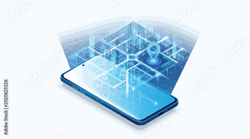 Leveraging advanced GIS, Remote Sensing, WebGIS, and GeoAI on mobile devices for futuristic location intelligence and interactive geospatial data visualization, featuring an isometric design
