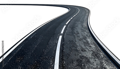 Curved asphalt road with white dividing lines on a black background