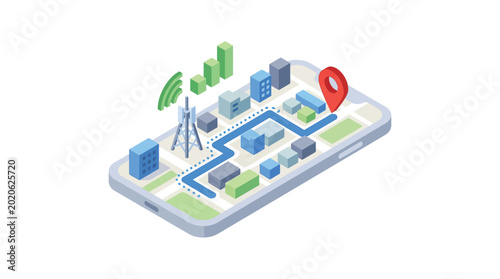 Isometric smartphone with interactive map showing urban navigation, highlighting advanced GIS, Remote Sensing, WebGIS, and GeoAI for smart city planning and location intelligence