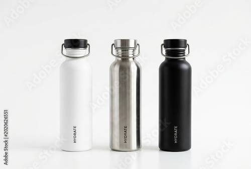 Three Reusable Water Bottles in White, Silver, and Black Colors.