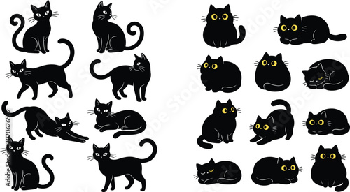 фотографія Cute black cat silhouettes vector icons set featuring funny cartoon kittens with