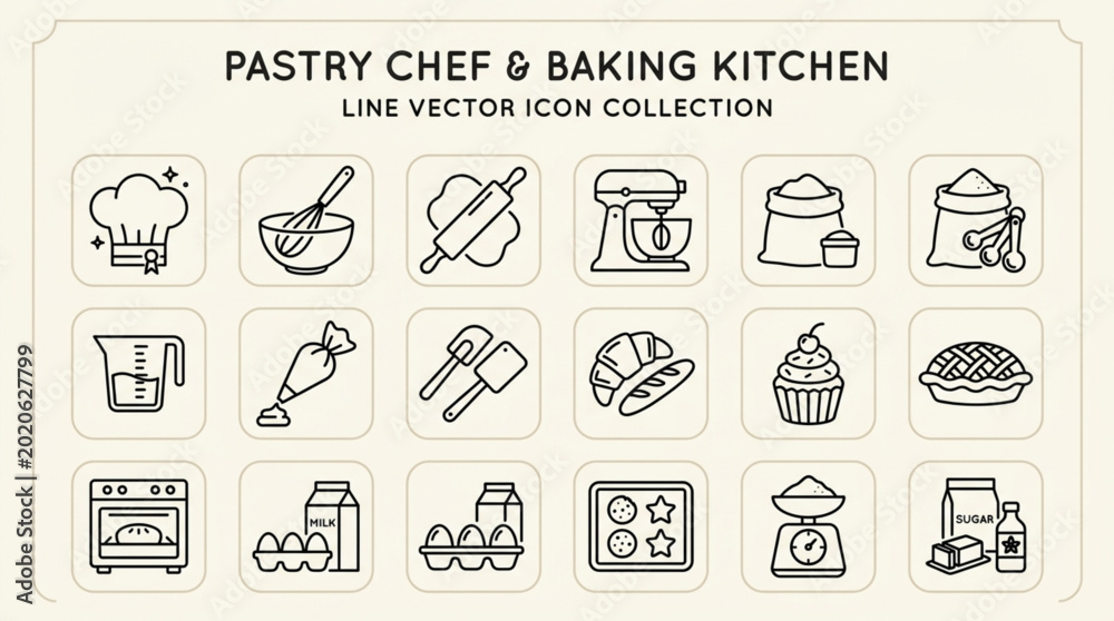 Εκτύπωση καμβά Pastry Chef and Baking Kitchen Line Vector Icon Collection.