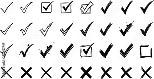 Foto Hand drawn check mark and cross icons pack featuring grunge brush strokes checkb