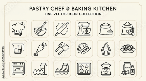 Φωτογραφία Pastry Chef and Baking Kitchen Line Vector Icon Collection.
