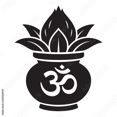 Kalash pot with om symbol and lotus black and white religious art indian art