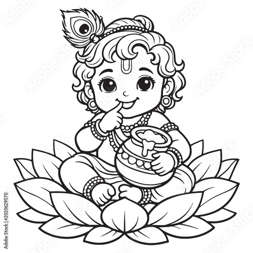 Baby krishna with butter pot and peacock feather hindu god finger in mouth