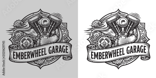 Bild auf Leinwand Vintage Emberwheel Garage Mechanic Emblem with Engine Gears and Decorative Ribbo