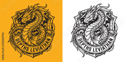 Canvastavla Depths Leviathan Circular Marine Crest with Dragon Sea Monster and Anchor Gears