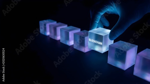 Human hand placing glowing blockchain digital cube into a data chain network technology concept
